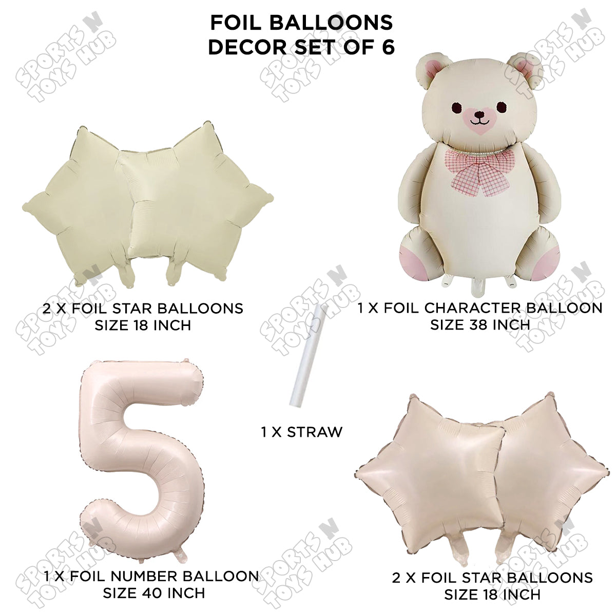 Vintage Teddy Bear Foil Balloon Decoration Set with Bow – Pack of 6 Premium Cute Bear Theme Balloons for Baby Shower, Birthday Party, Gender Reveal, Welcome Baby & Teddy Bear Party Decorations
