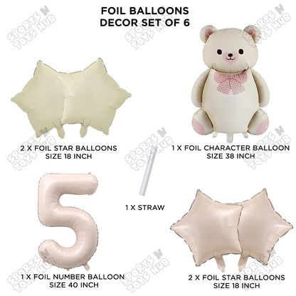 Vintage Teddy Bear Foil Balloon Decoration Set with Bow – Pack of 6 Premium Cute Bear Theme Balloons for Baby Shower, Birthday Party, Gender Reveal, Welcome Baby & Teddy Bear Party Decorations