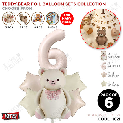 Vintage Teddy Bear Foil Balloon Decoration Set with Bow – Pack of 6 Premium Cute Bear Theme Balloons for Baby Shower, Birthday Party, Gender Reveal, Welcome Baby & Teddy Bear Party Decorations