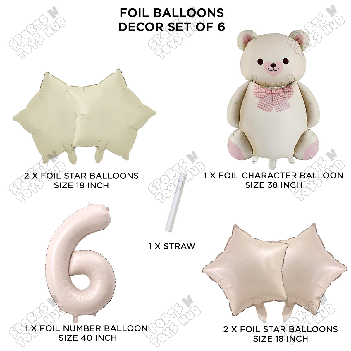 Vintage Teddy Bear Foil Balloon Decoration Set with Bow – Pack of 6 Premium Cute Bear Theme Balloons for Baby Shower, Birthday Party, Gender Reveal, Welcome Baby & Teddy Bear Party Decorations