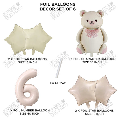 Vintage Teddy Bear Foil Balloon Decoration Set with Bow – Pack of 6 Premium Cute Bear Theme Balloons for Baby Shower, Birthday Party, Gender Reveal, Welcome Baby & Teddy Bear Party Decorations