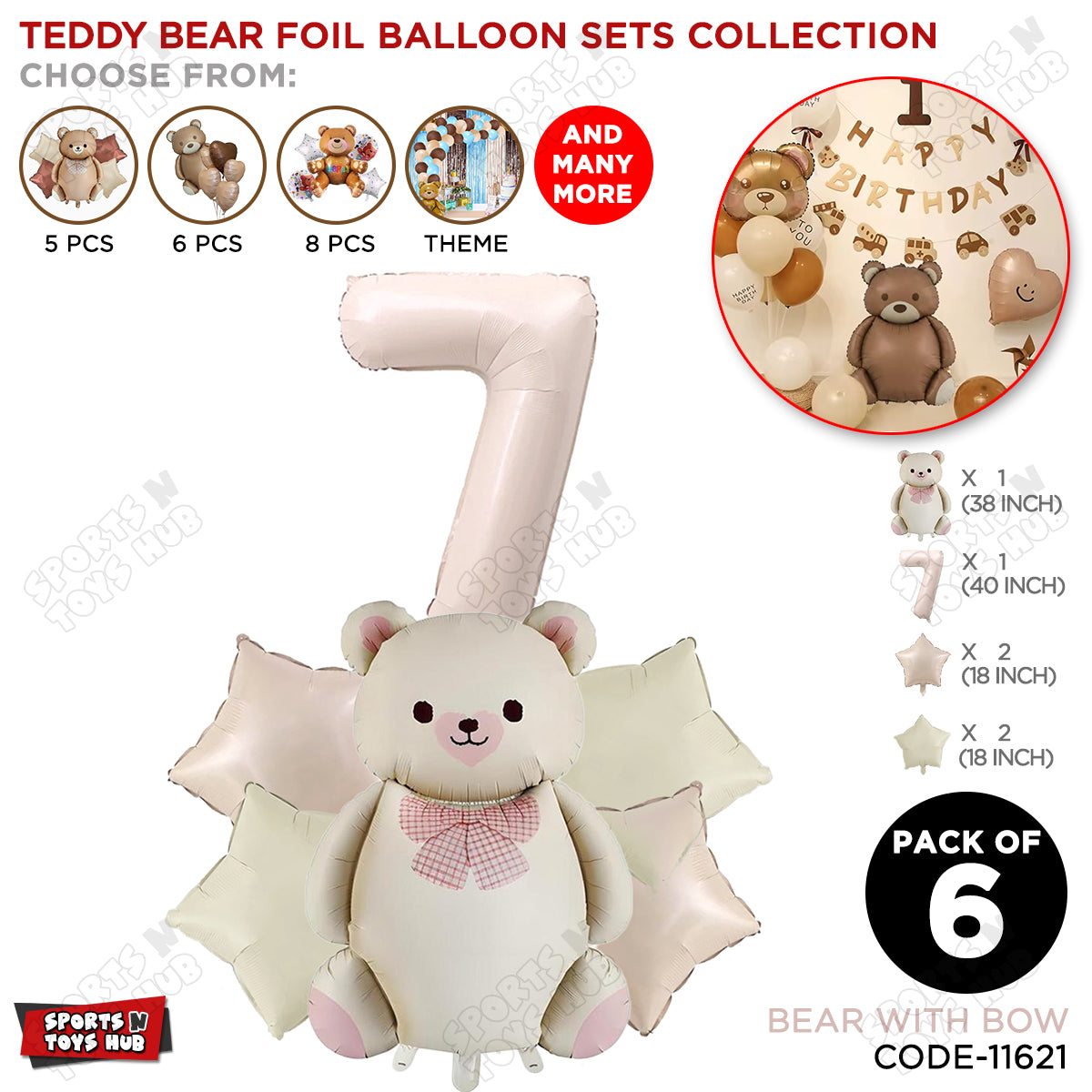 Vintage Teddy Bear Foil Balloon Decoration Set with Bow – Pack of 6 Premium Cute Bear Theme Balloons for Baby Shower, Birthday Party, Gender Reveal, Welcome Baby & Teddy Bear Party Decorations