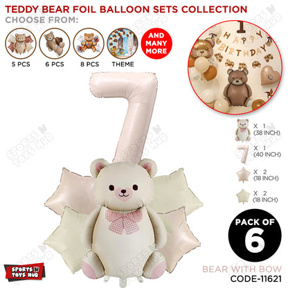 Vintage Teddy Bear Foil Balloon Decoration Set with Bow – Pack of 6 Premium Cute Bear Theme Balloons for Baby Shower, Birthday Party, Gender Reveal, Welcome Baby & Teddy Bear Party Decorations