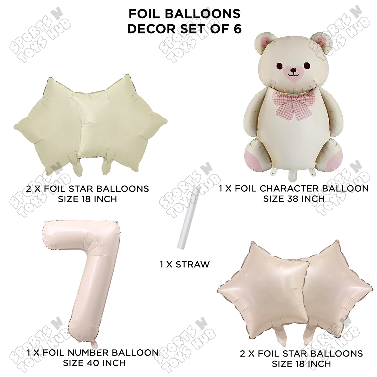 Vintage Teddy Bear Foil Balloon Decoration Set with Bow – Pack of 6 Premium Cute Bear Theme Balloons for Baby Shower, Birthday Party, Gender Reveal, Welcome Baby & Teddy Bear Party Decorations