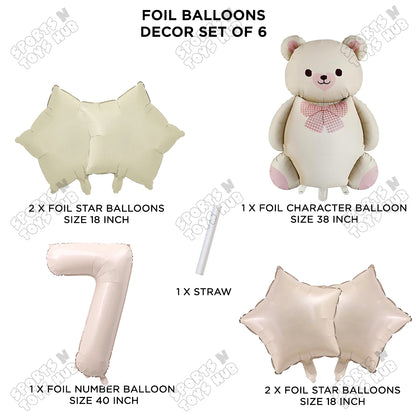Vintage Teddy Bear Foil Balloon Decoration Set with Bow – Pack of 6 Premium Cute Bear Theme Balloons for Baby Shower, Birthday Party, Gender Reveal, Welcome Baby & Teddy Bear Party Decorations