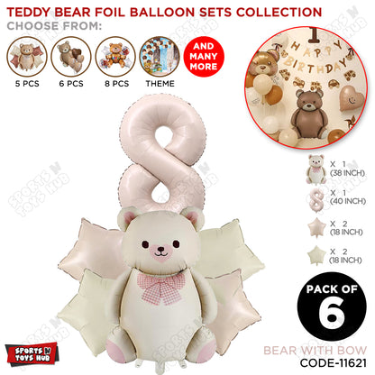 Vintage Teddy Bear Foil Balloon Decoration Set with Bow – Pack of 6 Premium Cute Bear Theme Balloons for Baby Shower, Birthday Party, Gender Reveal, Welcome Baby & Teddy Bear Party Decorations
