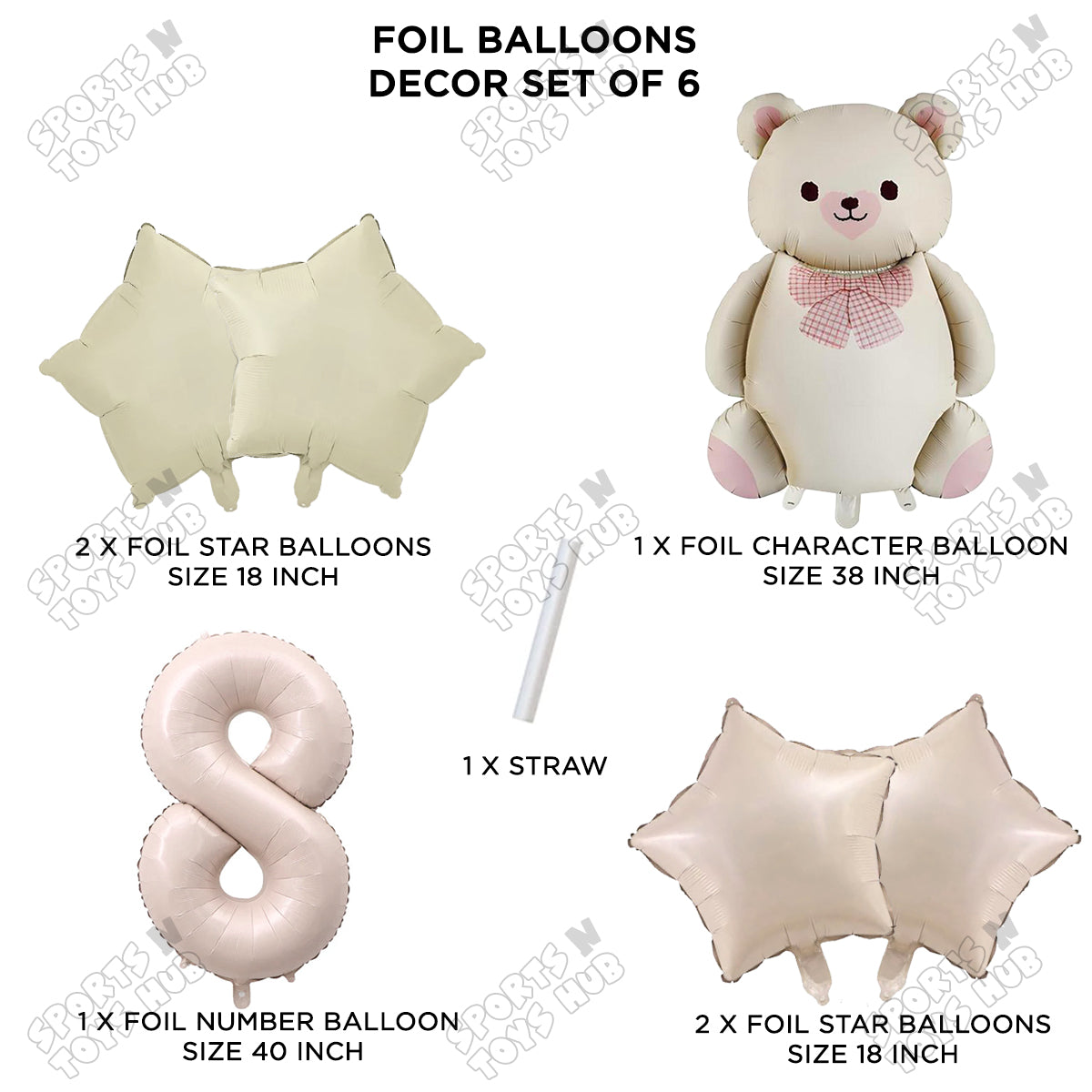 Vintage Teddy Bear Foil Balloon Decoration Set with Bow – Pack of 6 Premium Cute Bear Theme Balloons for Baby Shower, Birthday Party, Gender Reveal, Welcome Baby & Teddy Bear Party Decorations