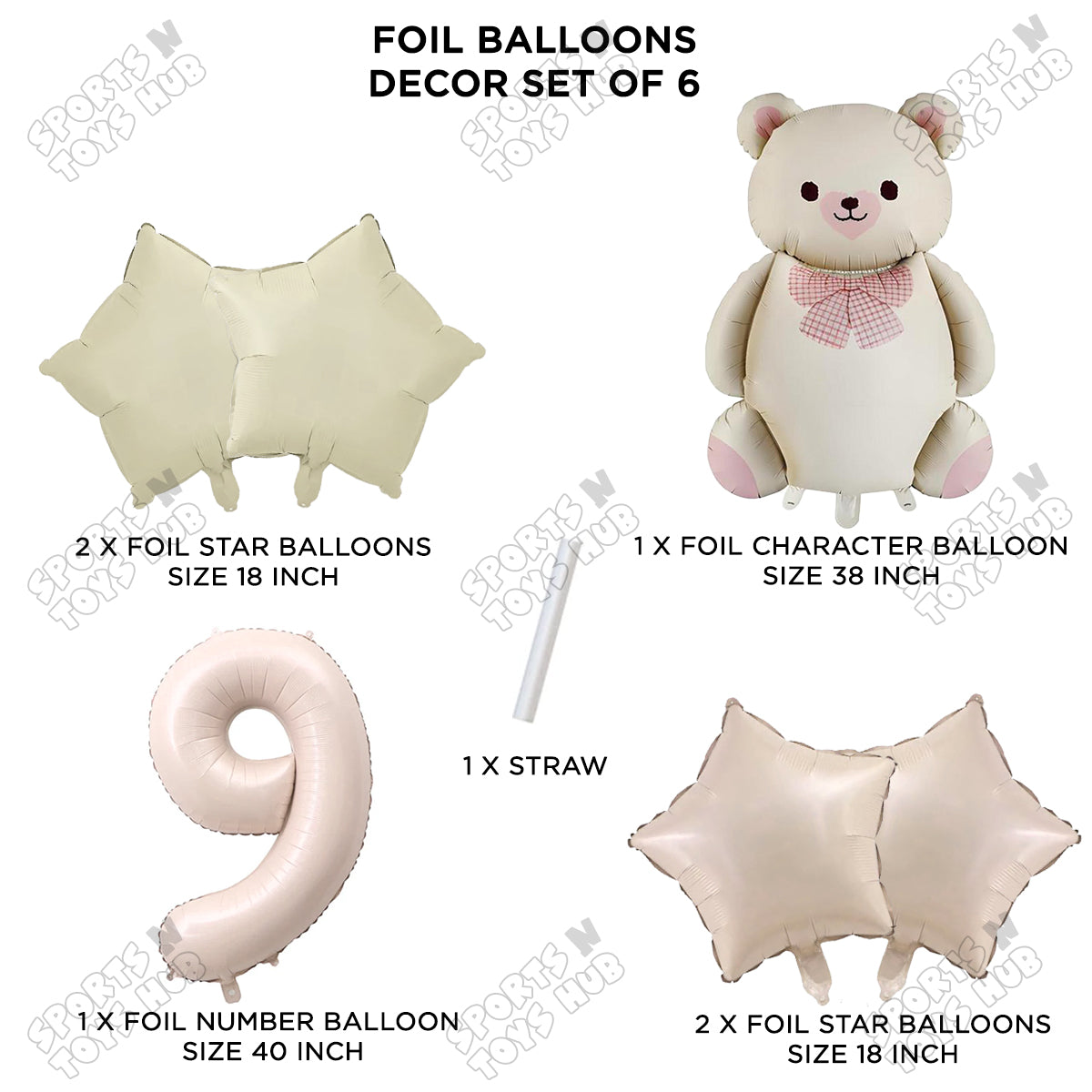 Vintage Teddy Bear Foil Balloon Decoration Set with Bow – Pack of 6 Premium Cute Bear Theme Balloons for Baby Shower, Birthday Party, Gender Reveal, Welcome Baby & Teddy Bear Party Decorations