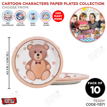 Teddy Bear Printed Cartoon Character Disposable Paper Plates for Birthday Parties - Pack of 10
