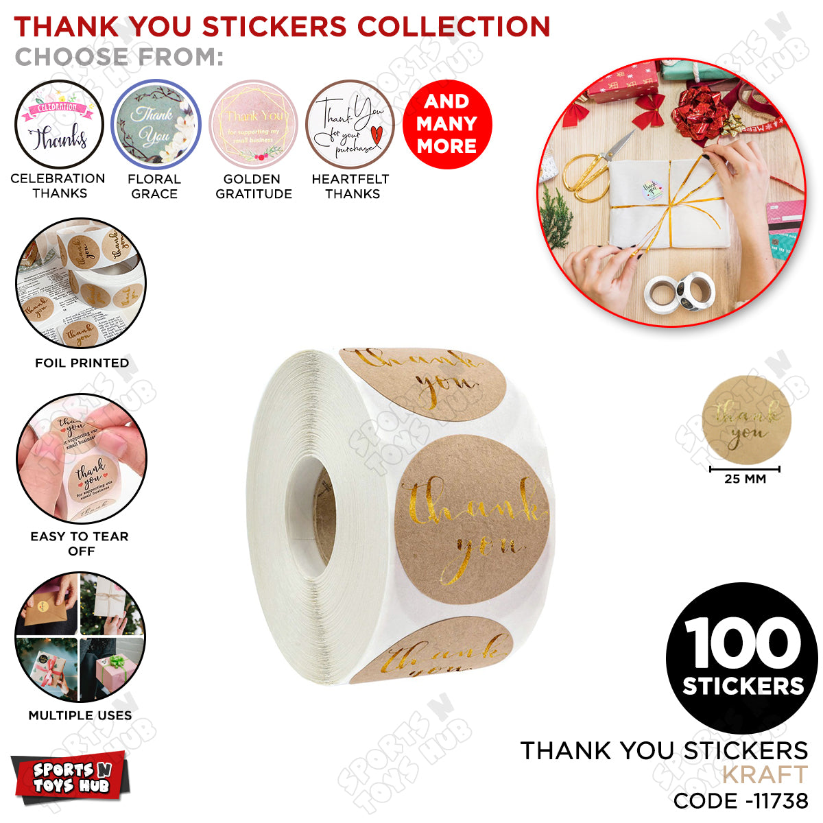 Thank You Sticker Roll for Packaging & Gifts - 100 Pcs
