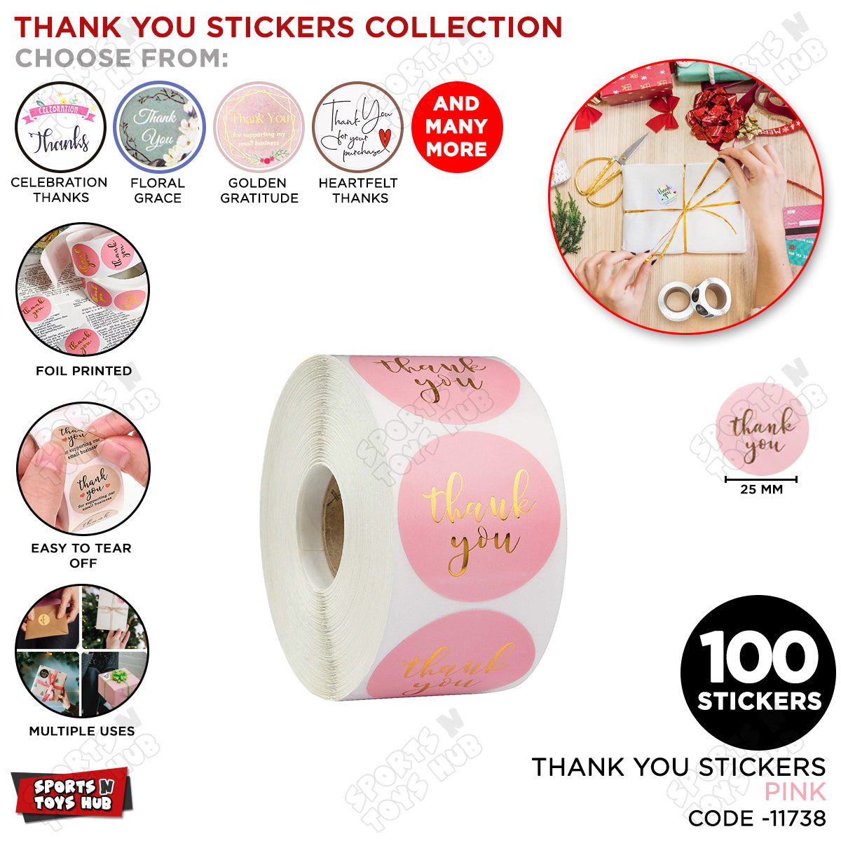 Thank You Sticker Roll for Packaging & Gifts - 100 Pcs
