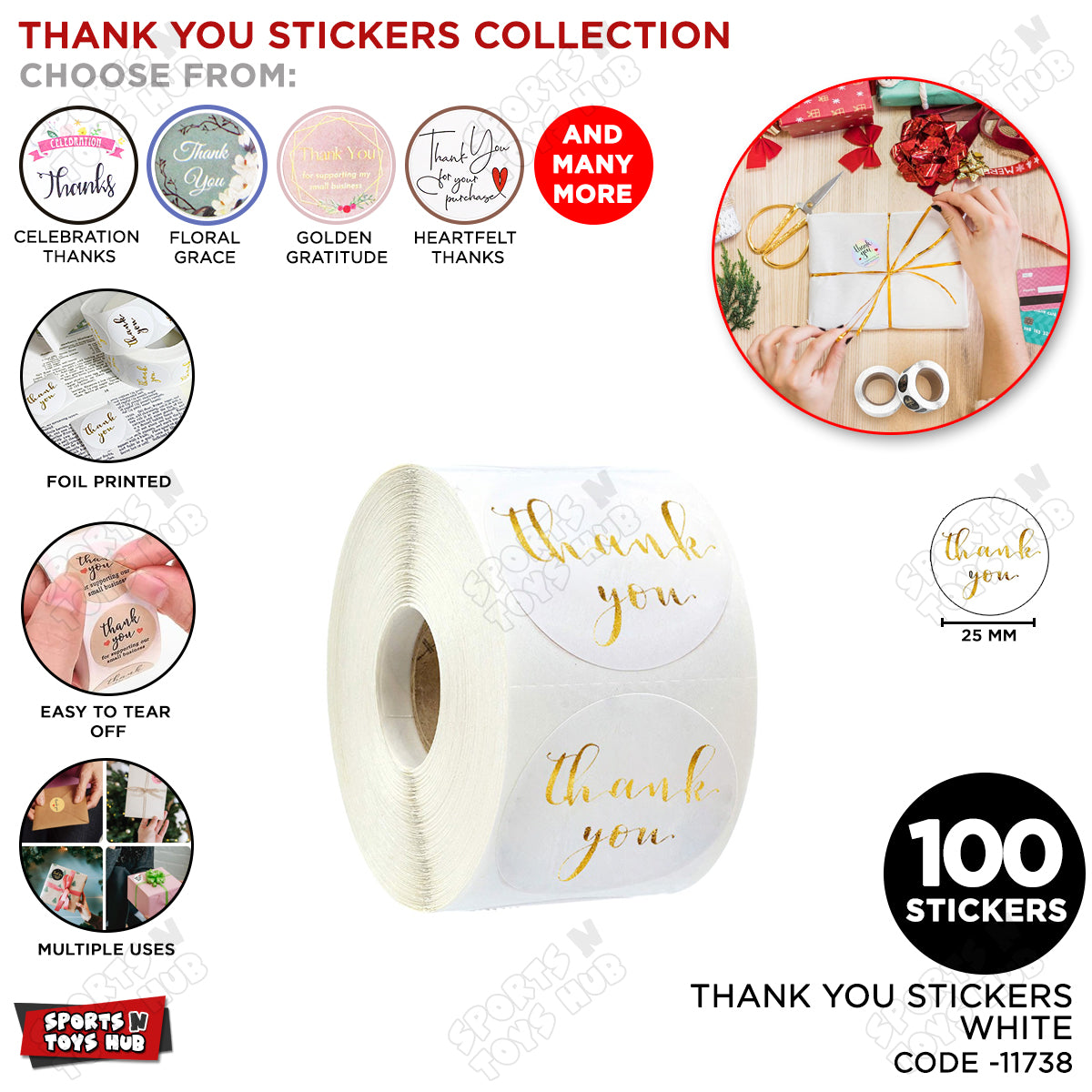 Thank You Sticker Roll for Packaging & Gifts - 100 Pcs