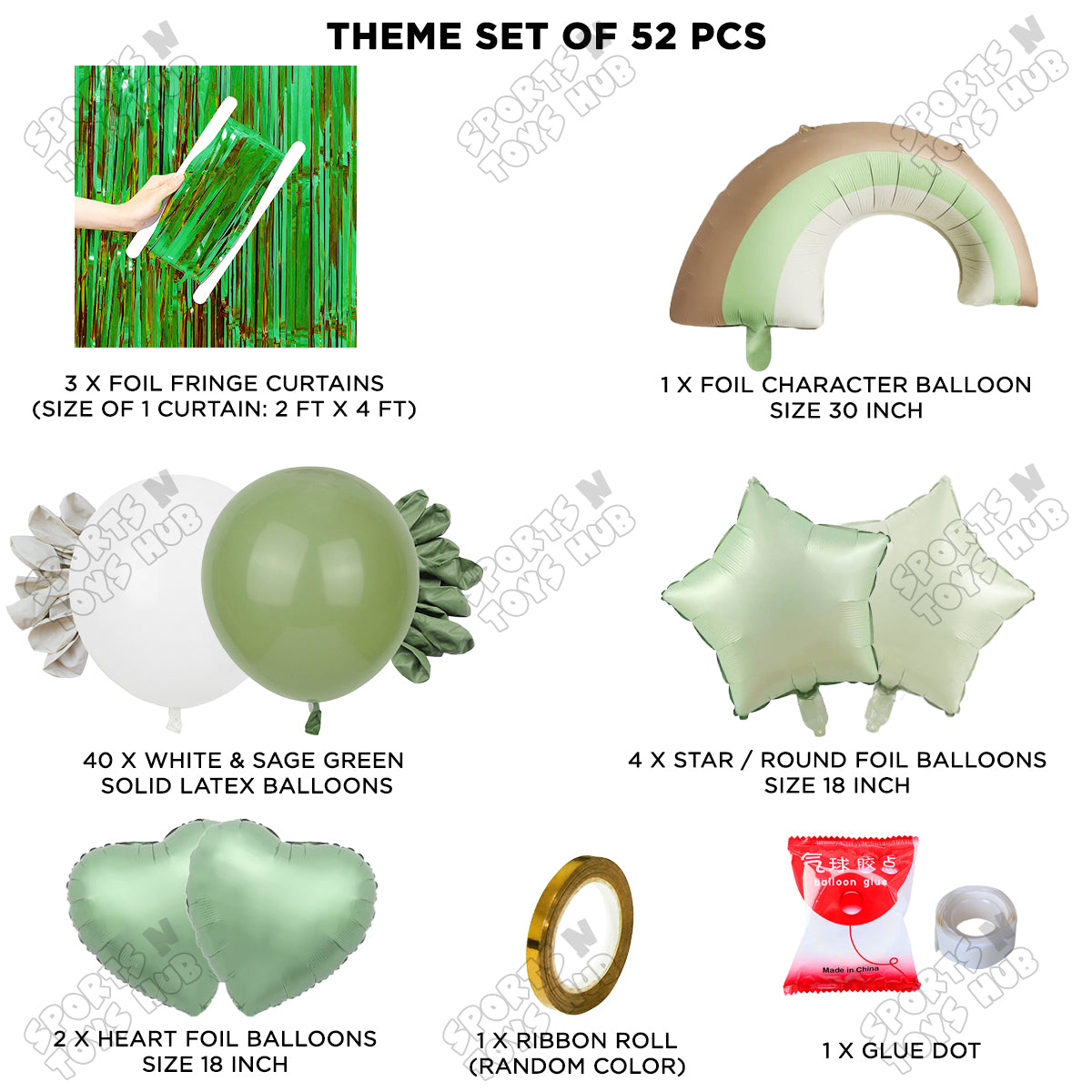 Pastel Green Matte Color Rainbow Cloud Foil Balloon Theme Decoration Set