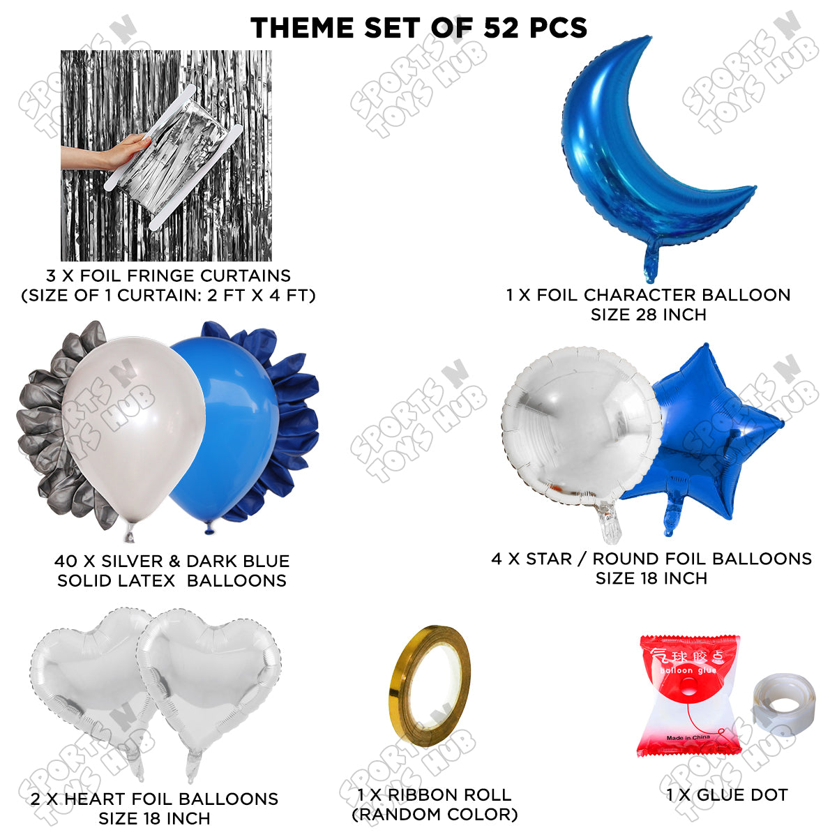 Crescent Moon Sapphire Blue Color Foil Balloon Party Decoration Set