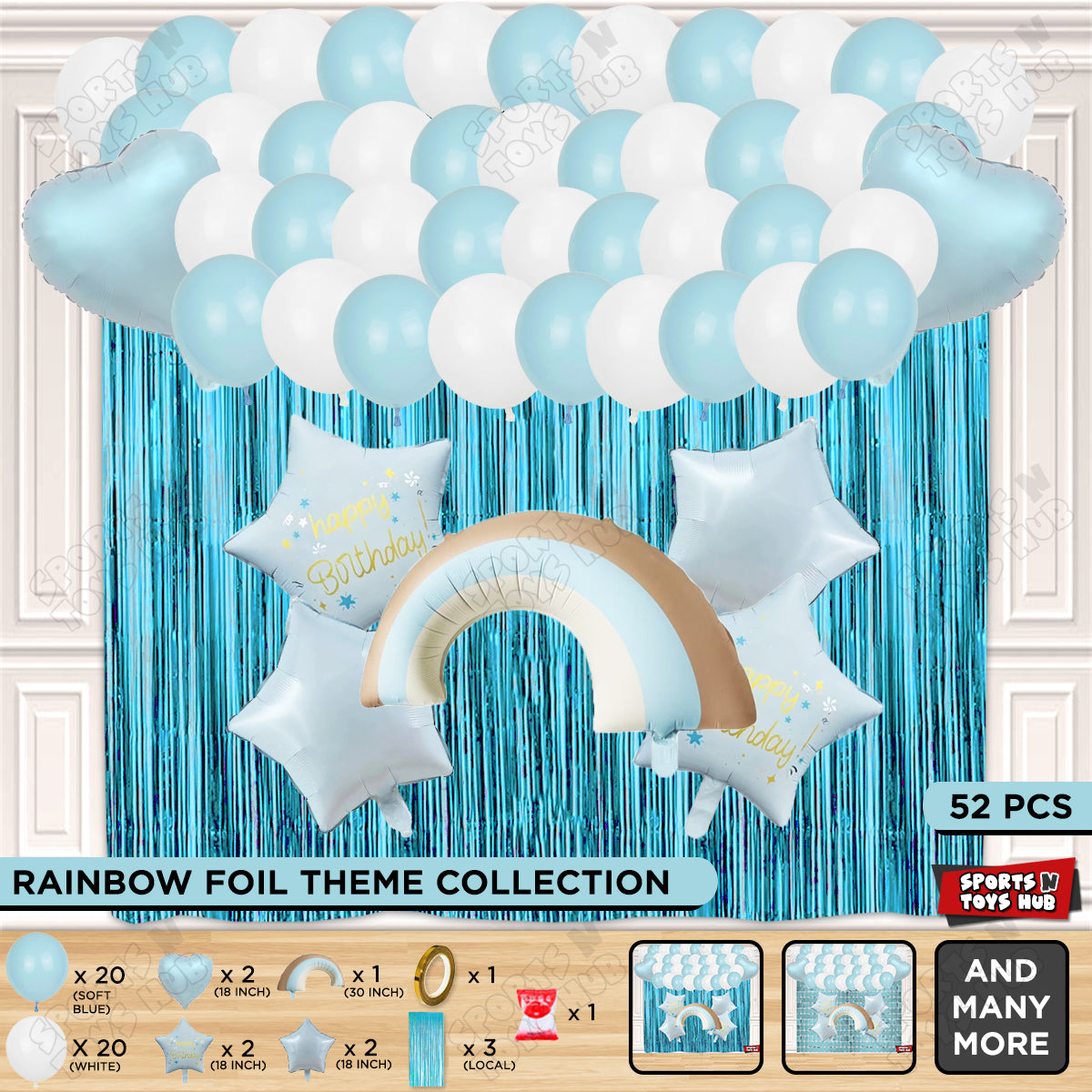 Pastel Blue Matte Color Rainbow Cloud Foil Balloon Theme Decoration Set