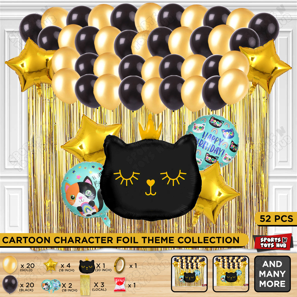 Cartoon Crown Black Kitten Cat Foil Balloon Set Theme