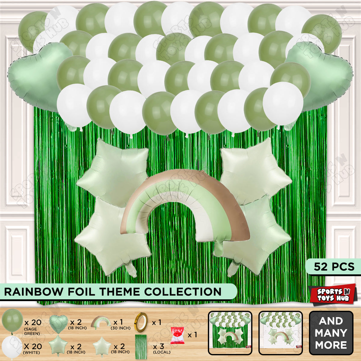 Pastel Green Matte Color Rainbow Cloud Foil Balloon Theme Decoration Set