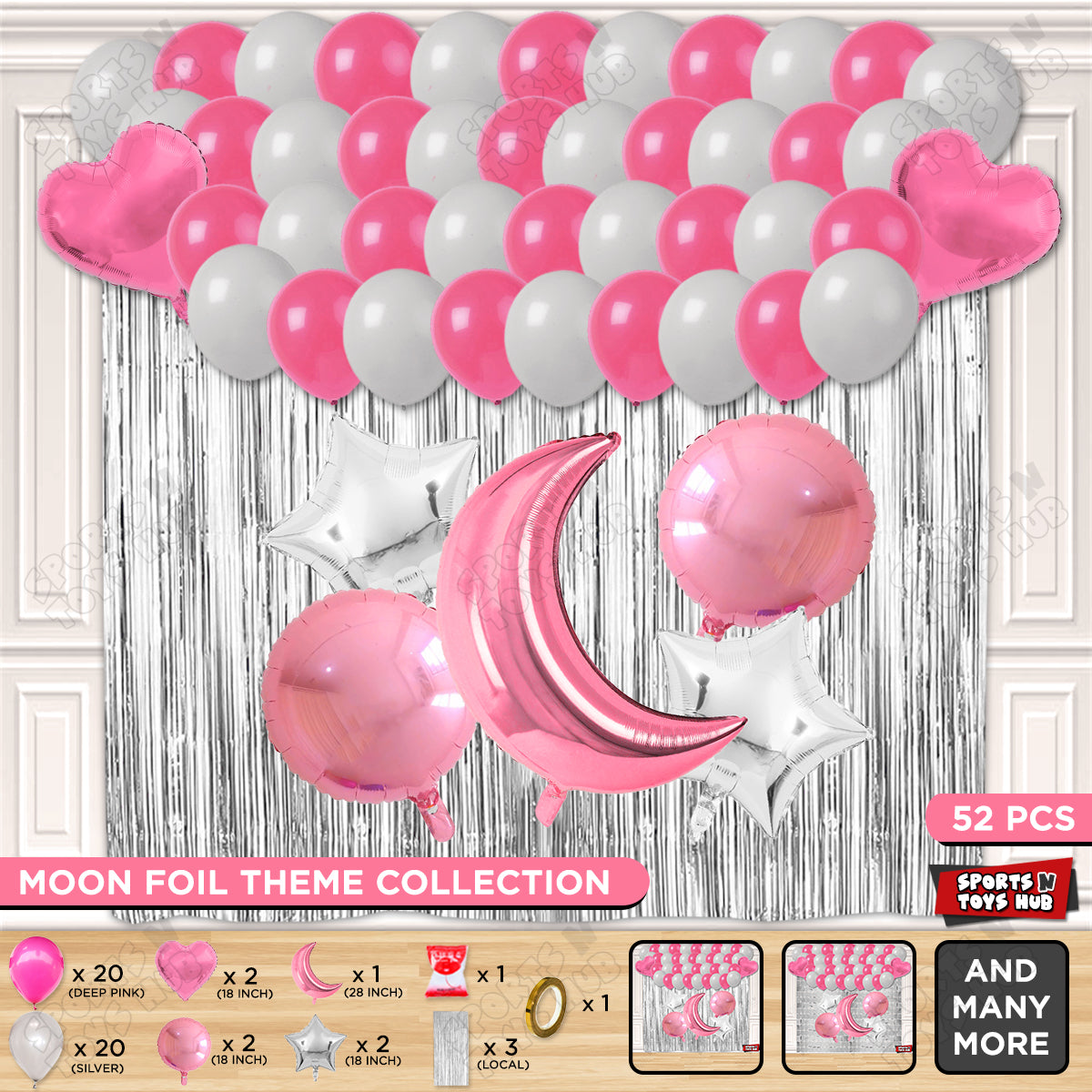 Crescent Moon Pink Color Foil Balloon Party Decoration Set Theme