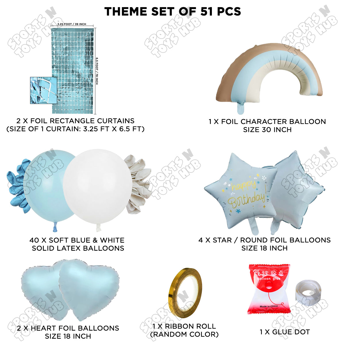 Pastel Blue Matte Color Rainbow Cloud Foil Balloon Theme Decoration Set