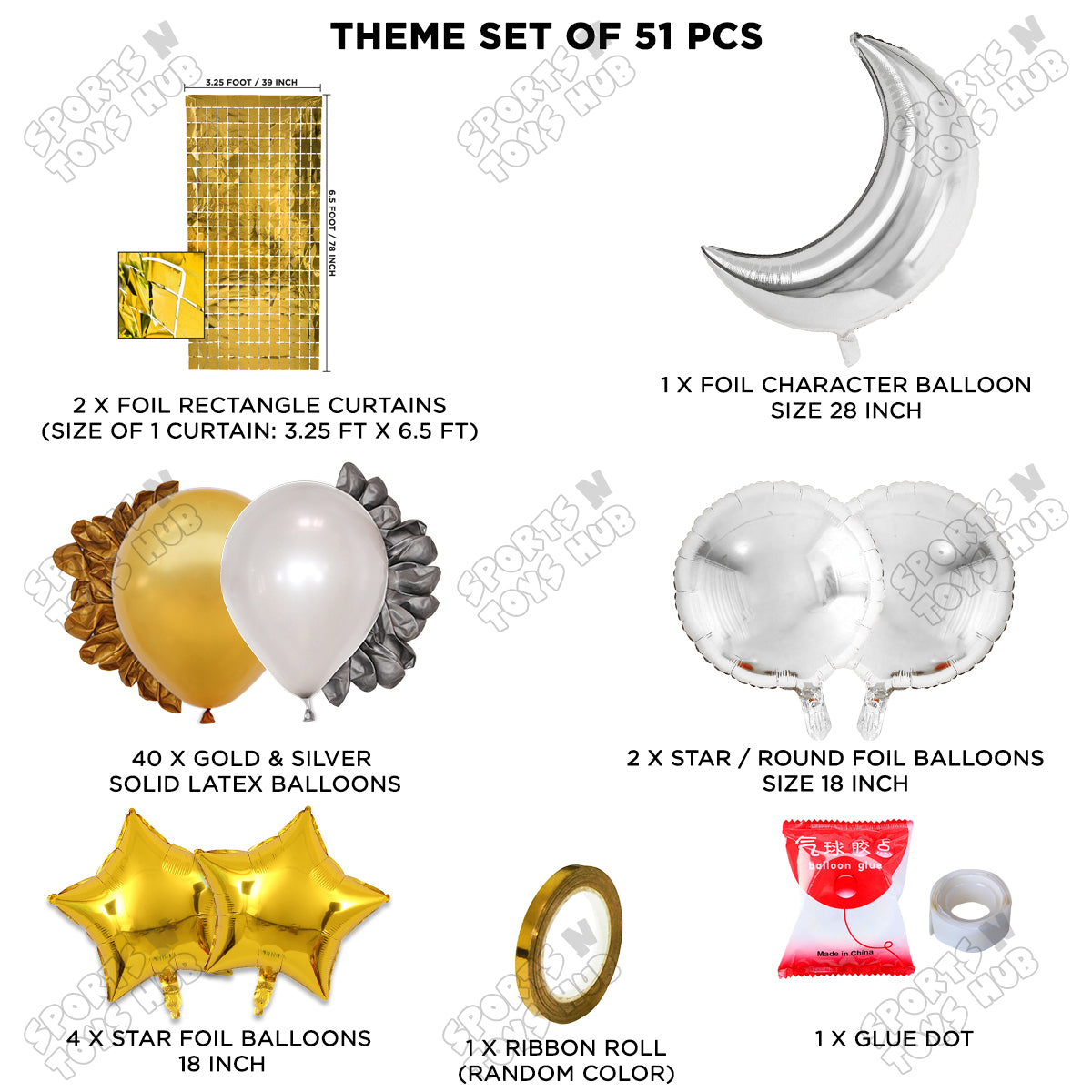 Crescent Moon Silver Color Foil Balloon Party Decoration Set Theme