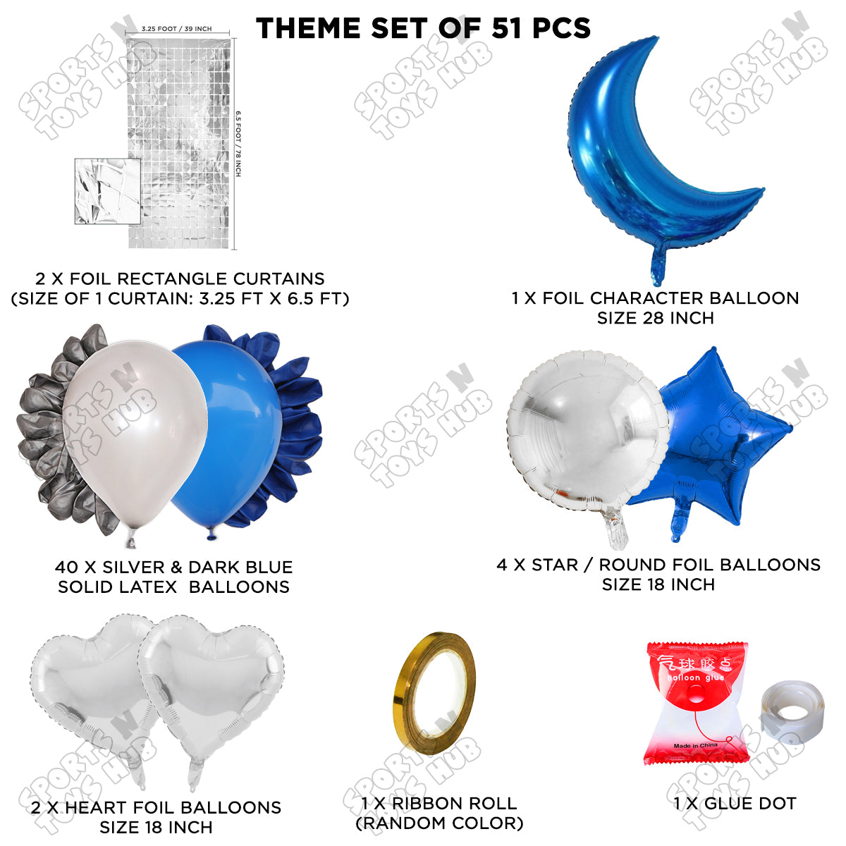 Crescent Moon Sapphire Blue Color Foil Balloon Party Decoration Set