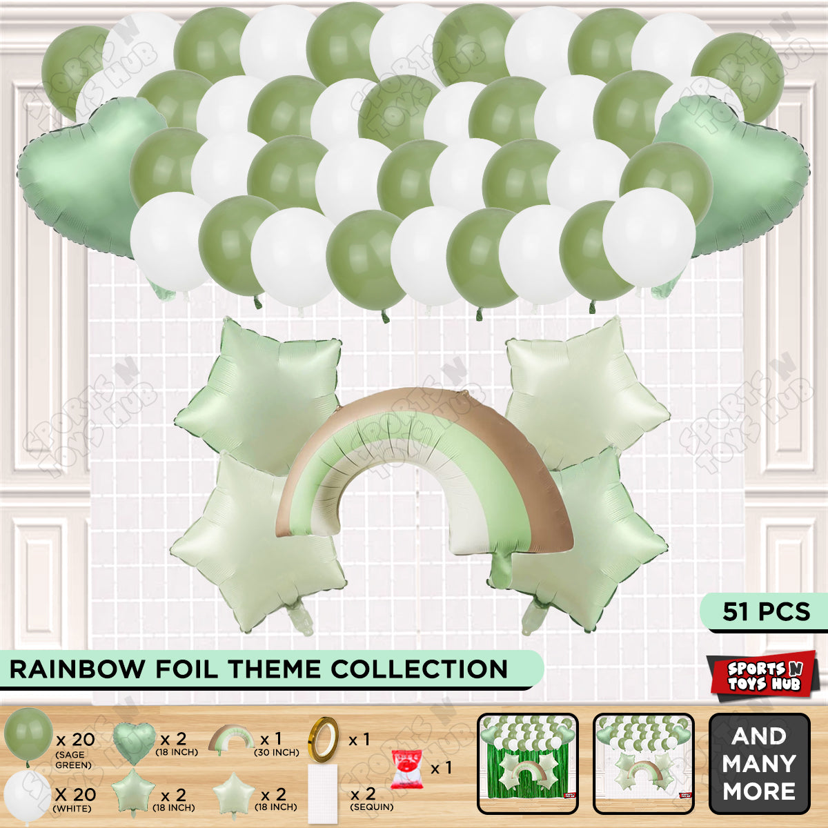Pastel Green Matte Color Rainbow Cloud Foil Balloon Theme Decoration Set