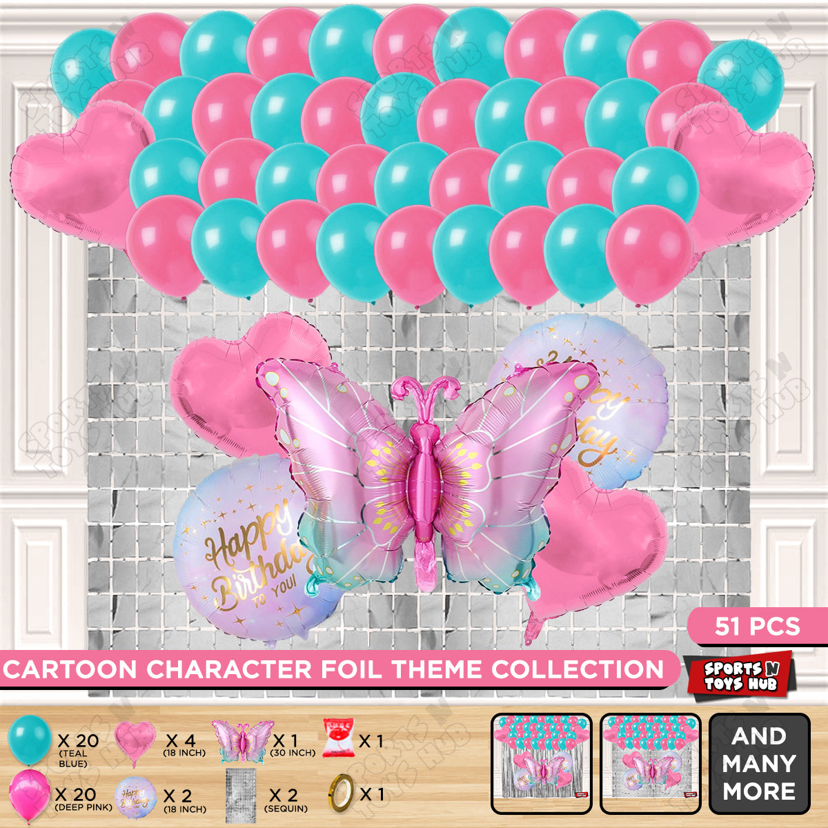 Gradient Pink & Blue Color Butterfly Foil Balloon Set Theme