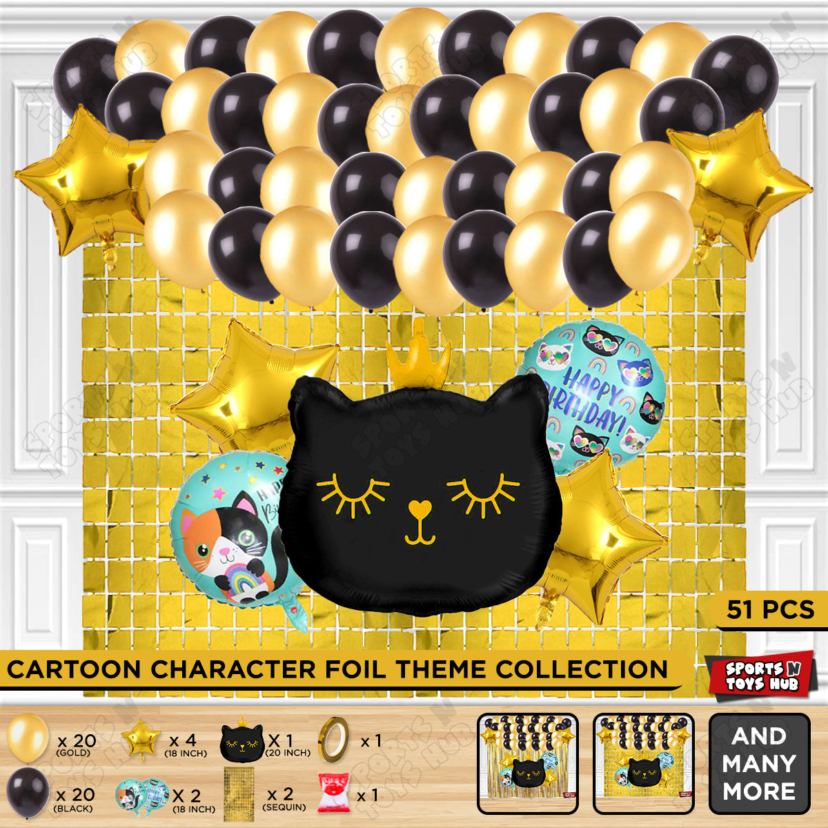 Cartoon Crown Black Kitten Cat Foil Balloon Set Theme