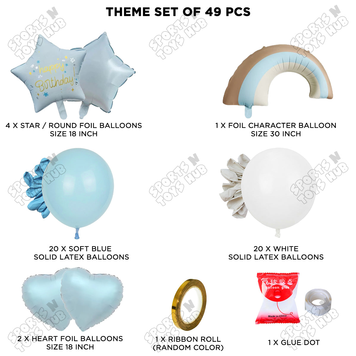 Pastel Blue Matte Color Rainbow Cloud Foil Balloon Theme Decoration Set