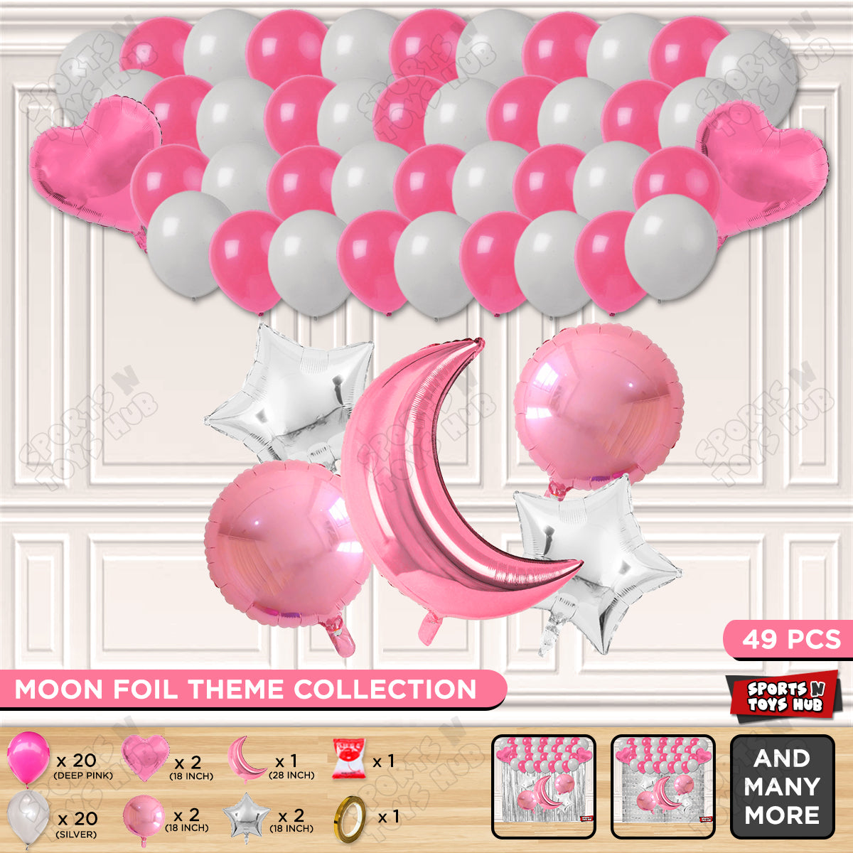 Crescent Moon Pink Color Foil Balloon Party Decoration Set Theme