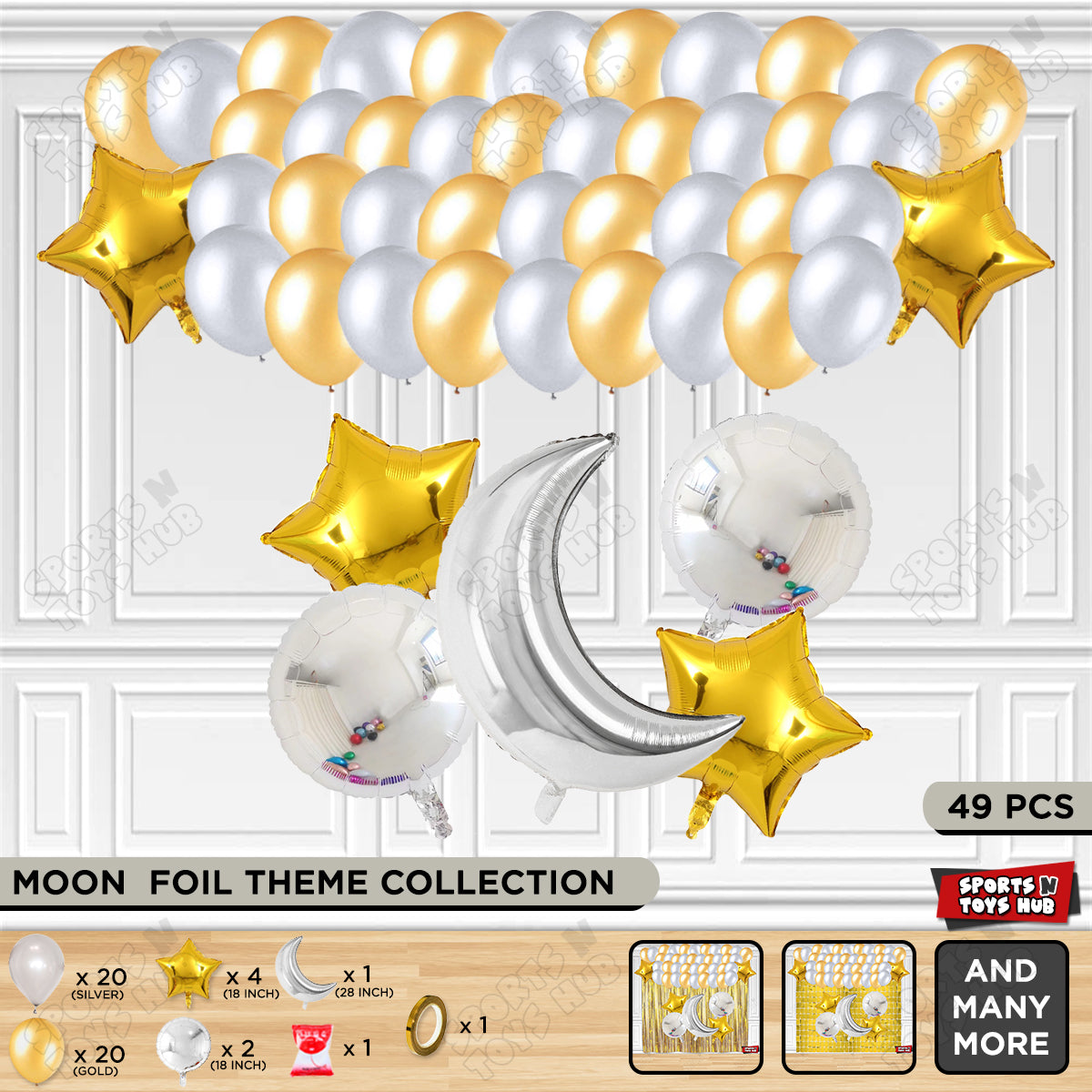 Crescent Moon Silver Color Foil Balloon Party Decoration Set Theme
