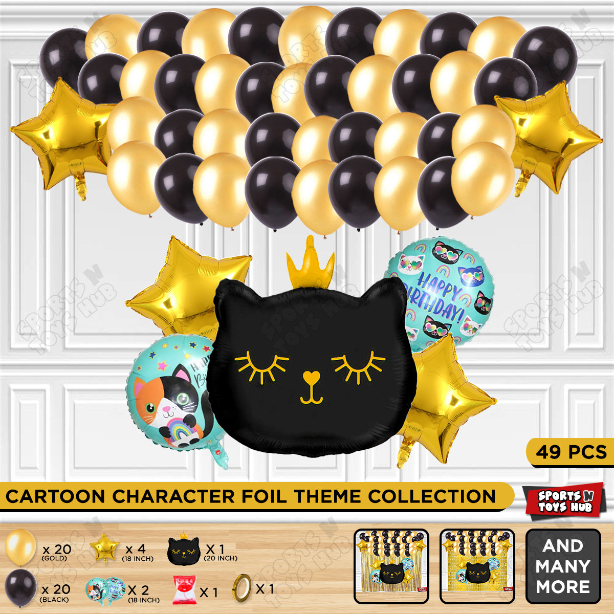 Cartoon Crown Black Kitten Cat Foil Balloon Set Theme