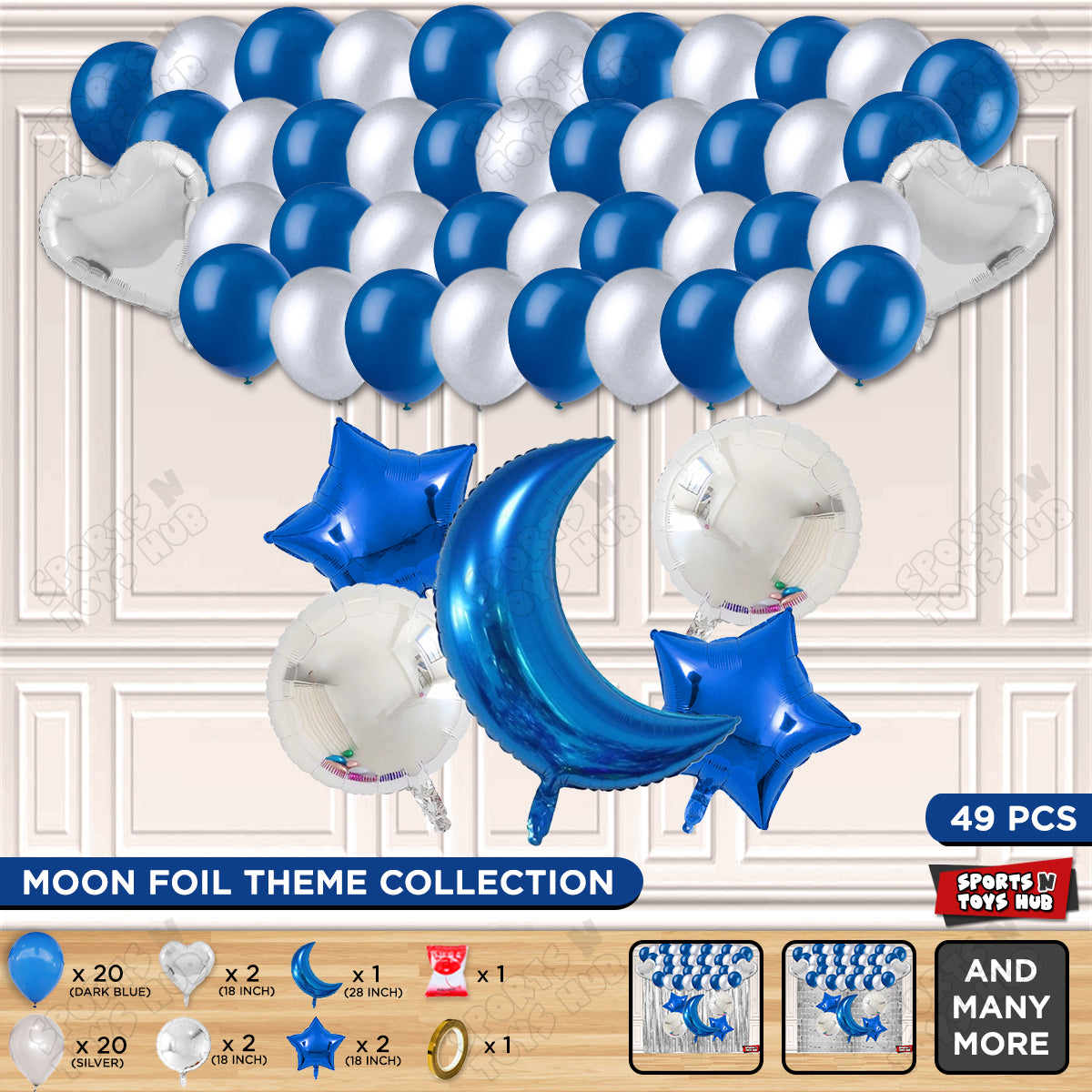 Crescent Moon Sapphire Blue Color Foil Balloon Party Decoration Set