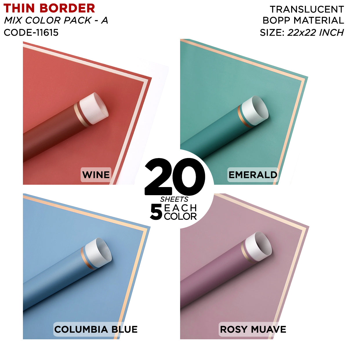Triple Edge Thin Clear Border - Mix Color 20 Sheet Pack - Translucent Flower Wrapping Bouquet Sheets