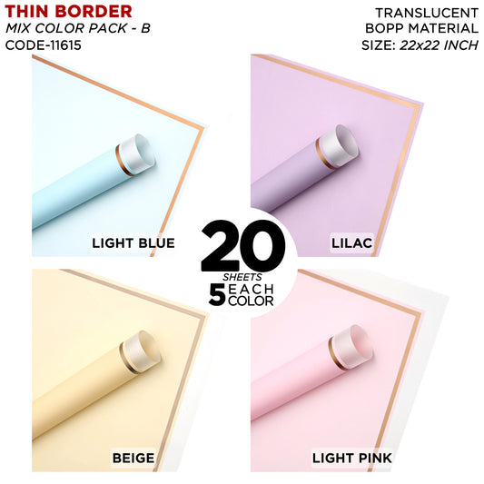 Triple Edge Thin Clear Border - Mix Color 20 Sheet Pack - Translucent Flower Wrapping Bouquet Sheets