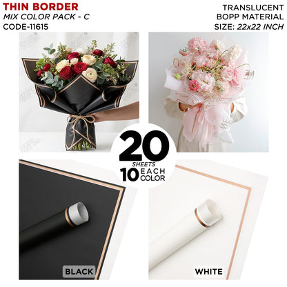 Triple Edge Thin Clear Border - Mix Color 20 Sheet Pack - Translucent Flower Wrapping Bouquet Sheets