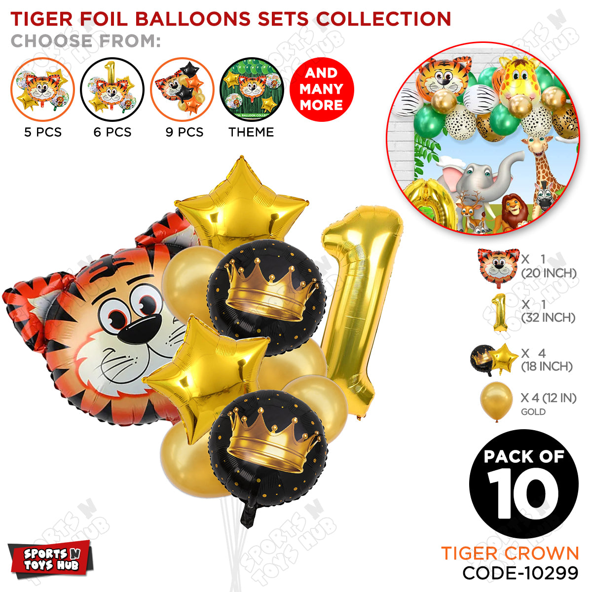 Jungle Safari Tiger Pack Of 10 Foil Balloon Set