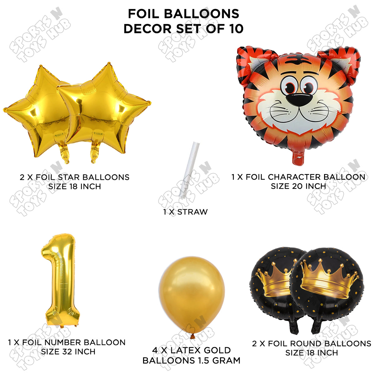 Jungle Safari Tiger Pack Of 10 Foil Balloon Set