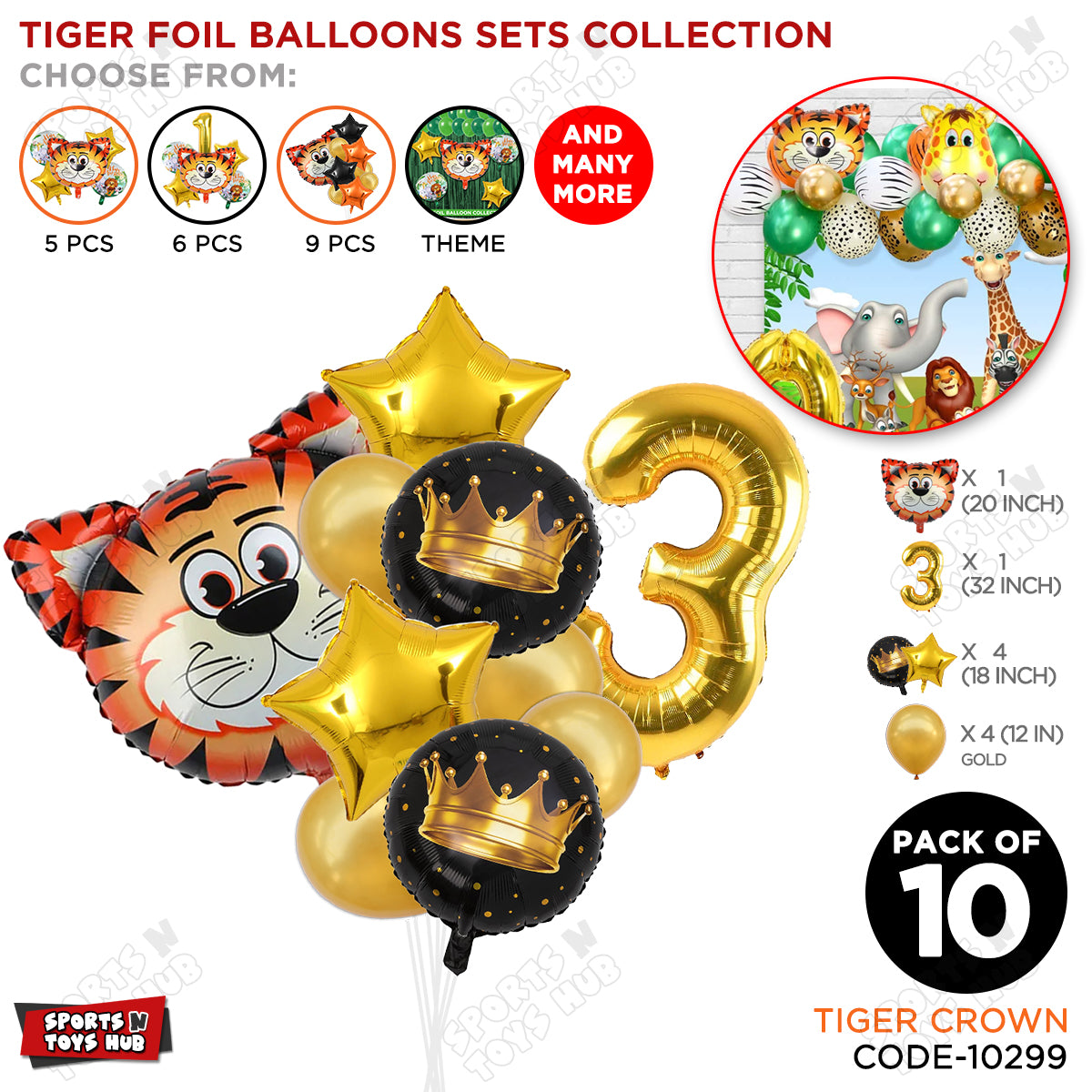 Jungle Safari Tiger Pack Of 10 Foil Balloon Set