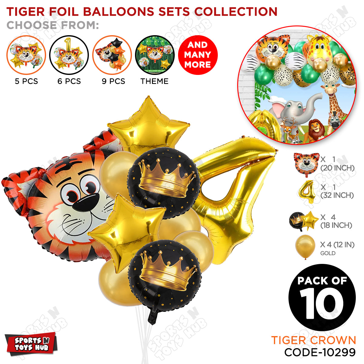 Jungle Safari Tiger Pack Of 10 Foil Balloon Set