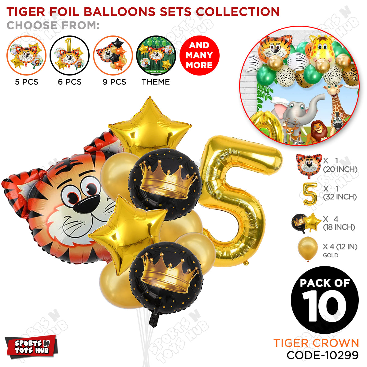 Jungle Safari Tiger Pack Of 10 Foil Balloon Set