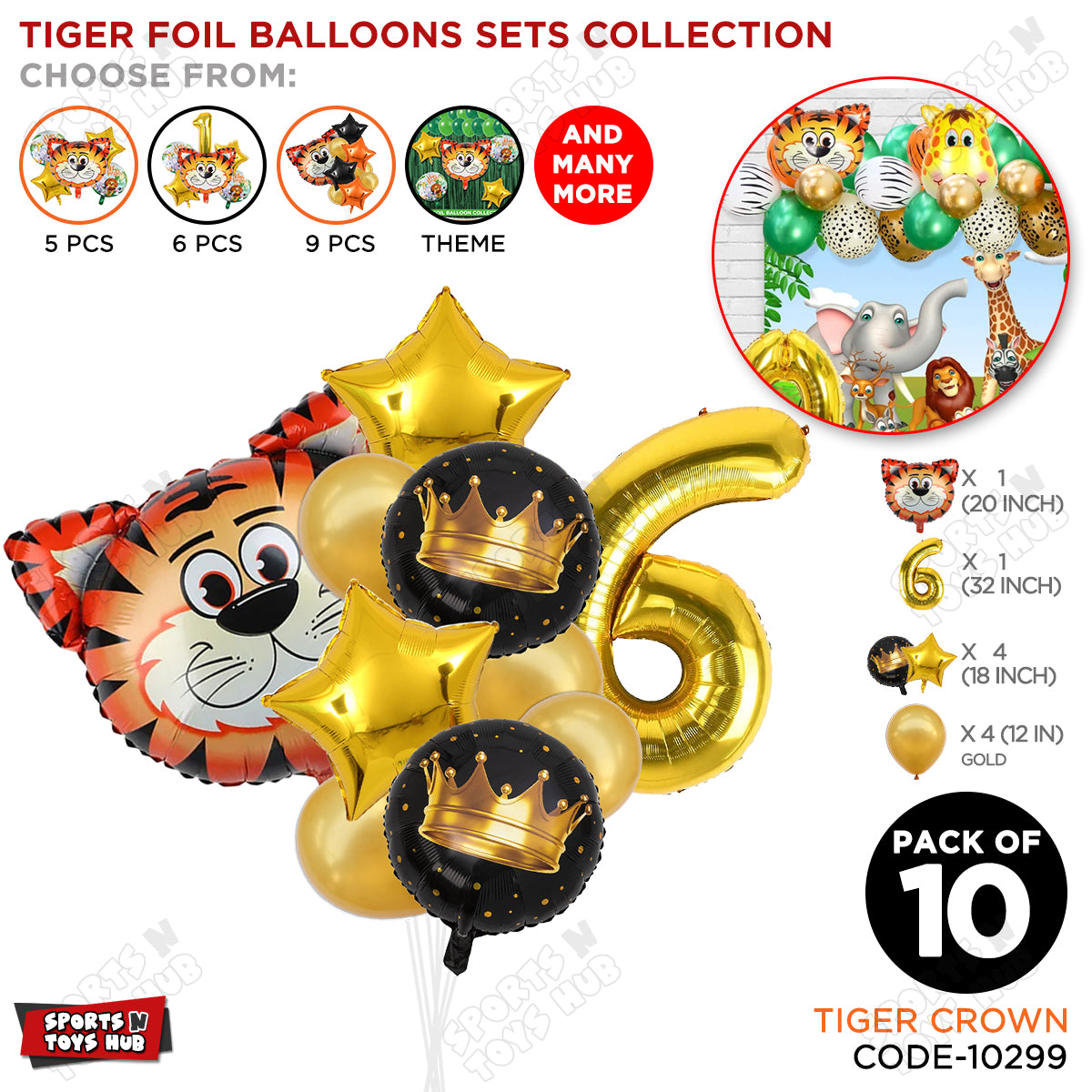 Jungle Safari Tiger Pack Of 10 Foil Balloon Set