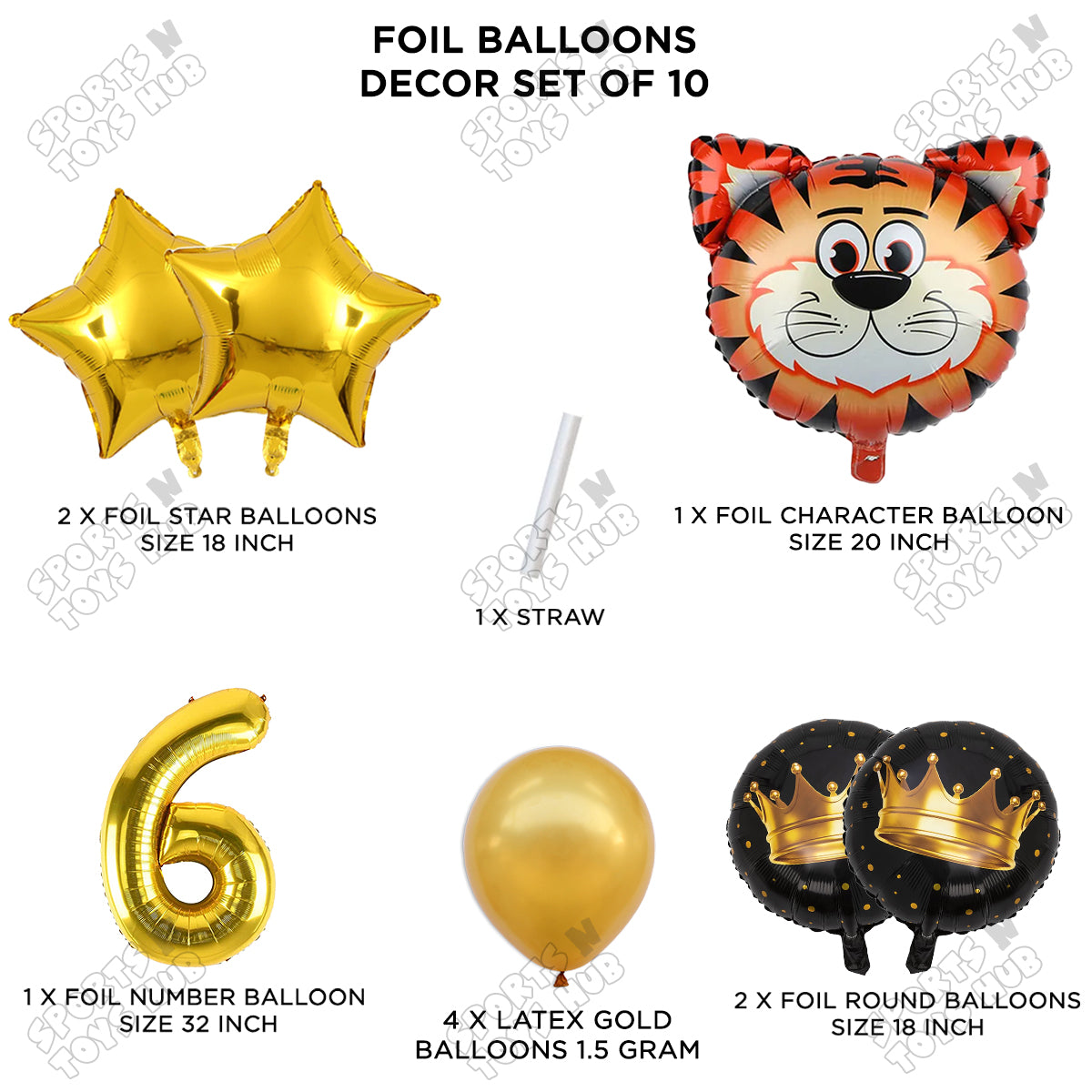 Jungle Safari Tiger Pack Of 10 Foil Balloon Set