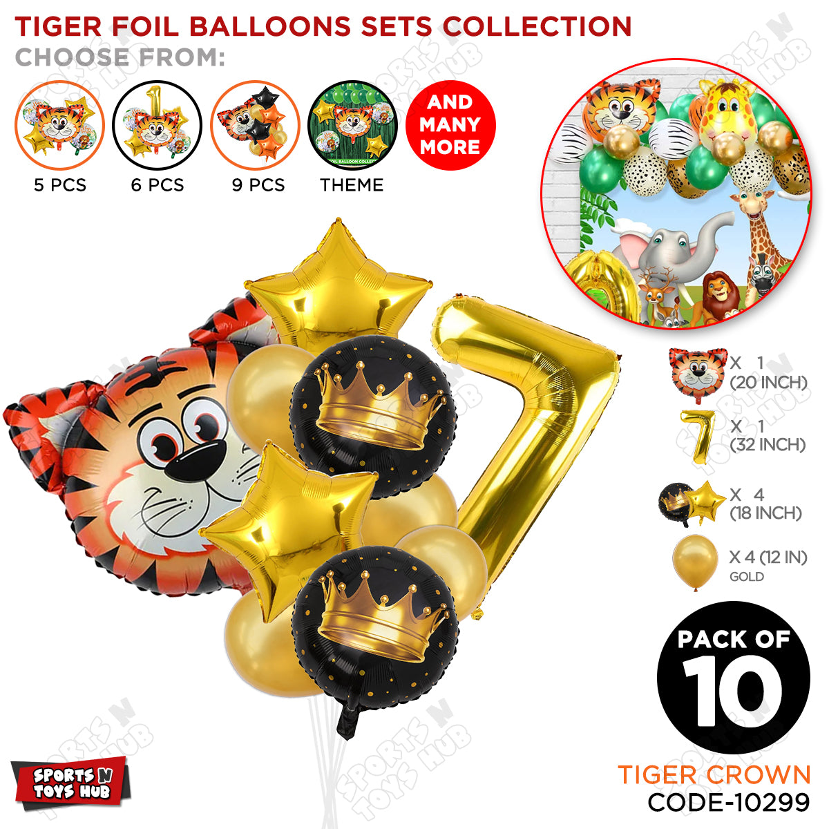 Jungle Safari Tiger Pack Of 10 Foil Balloon Set