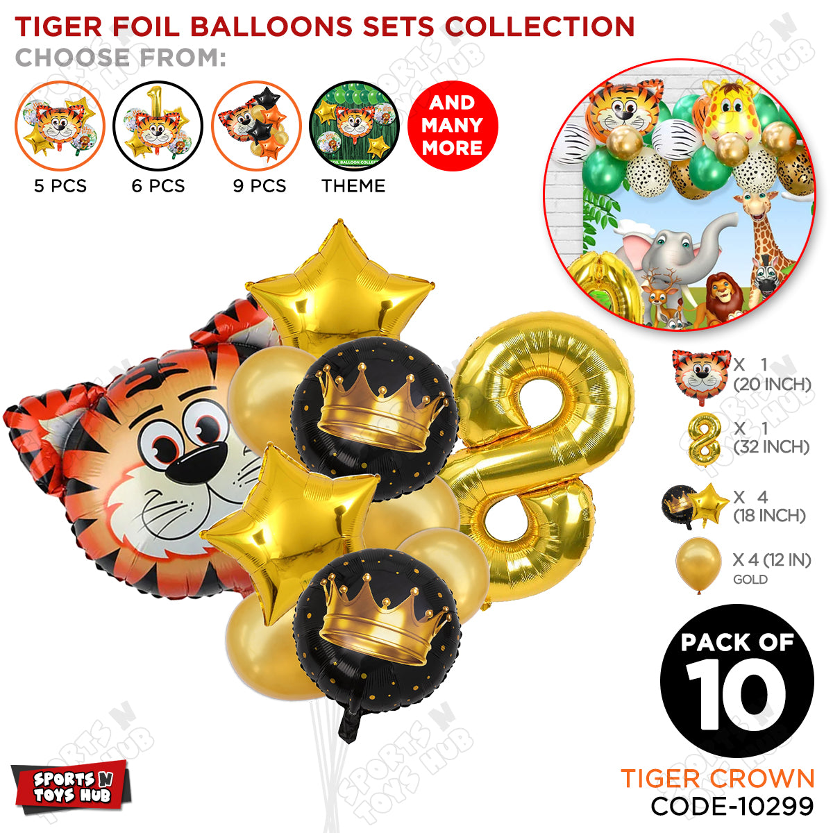 Jungle Safari Tiger Pack Of 10 Foil Balloon Set