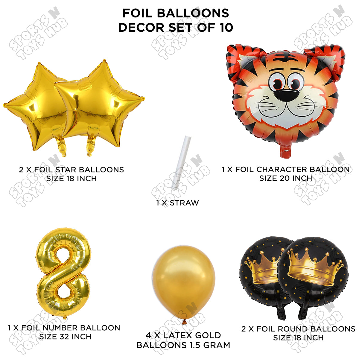 Jungle Safari Tiger Pack Of 10 Foil Balloon Set