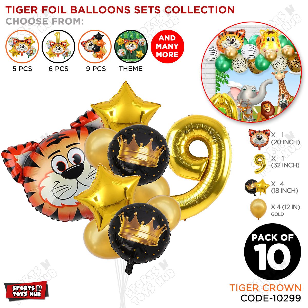 Jungle Safari Tiger Pack Of 10 Foil Balloon Set