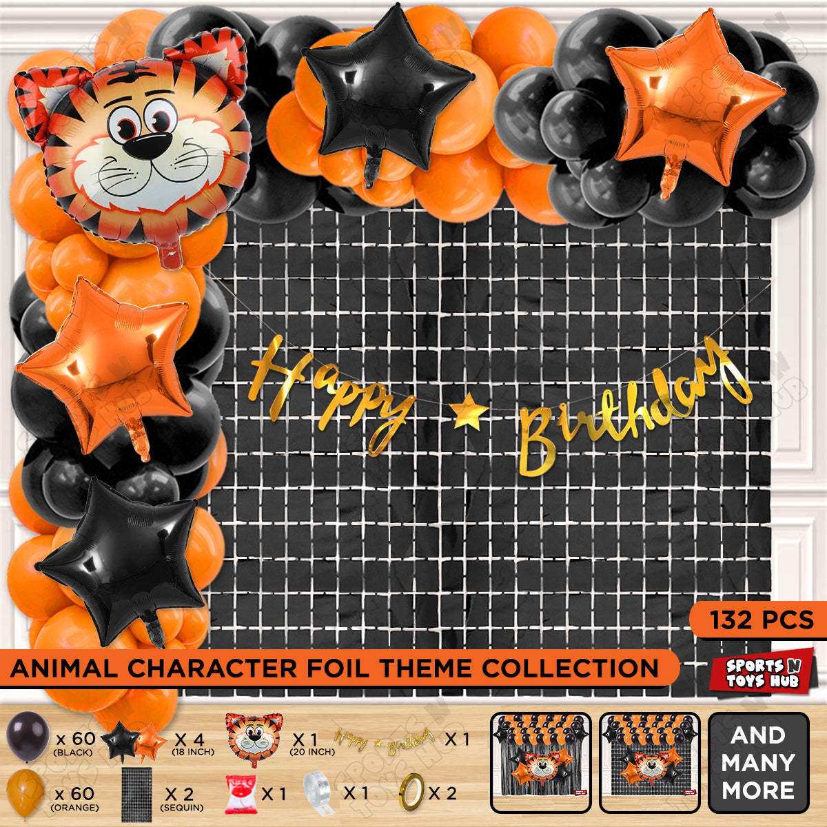 Jungle Safari Tiger Foil Balloon With Happy Birthday Cursive Banner Arch Theme