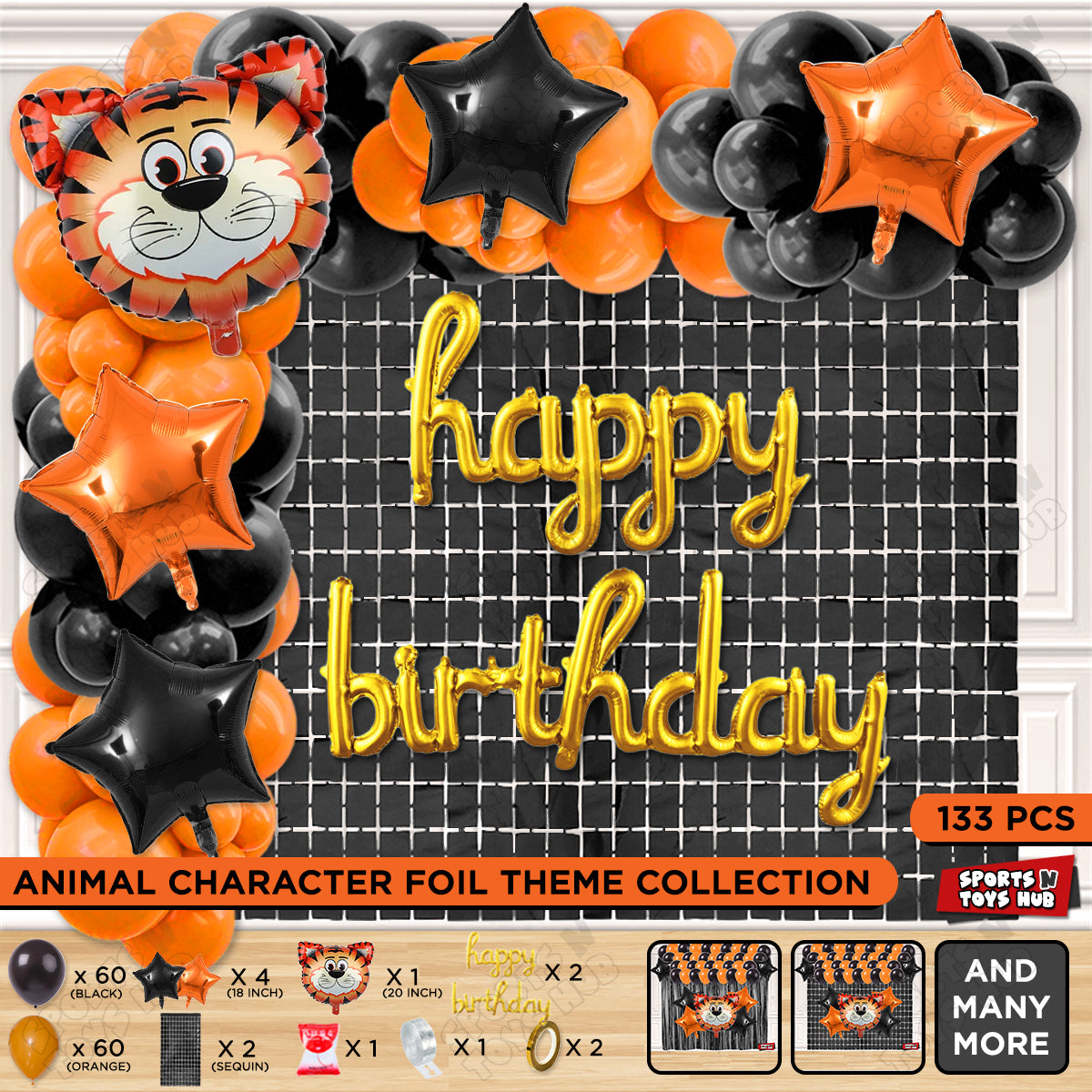 Jungle Safari Tiger Foil Balloon With Happy Birthday Cursive Letter Arch Theme