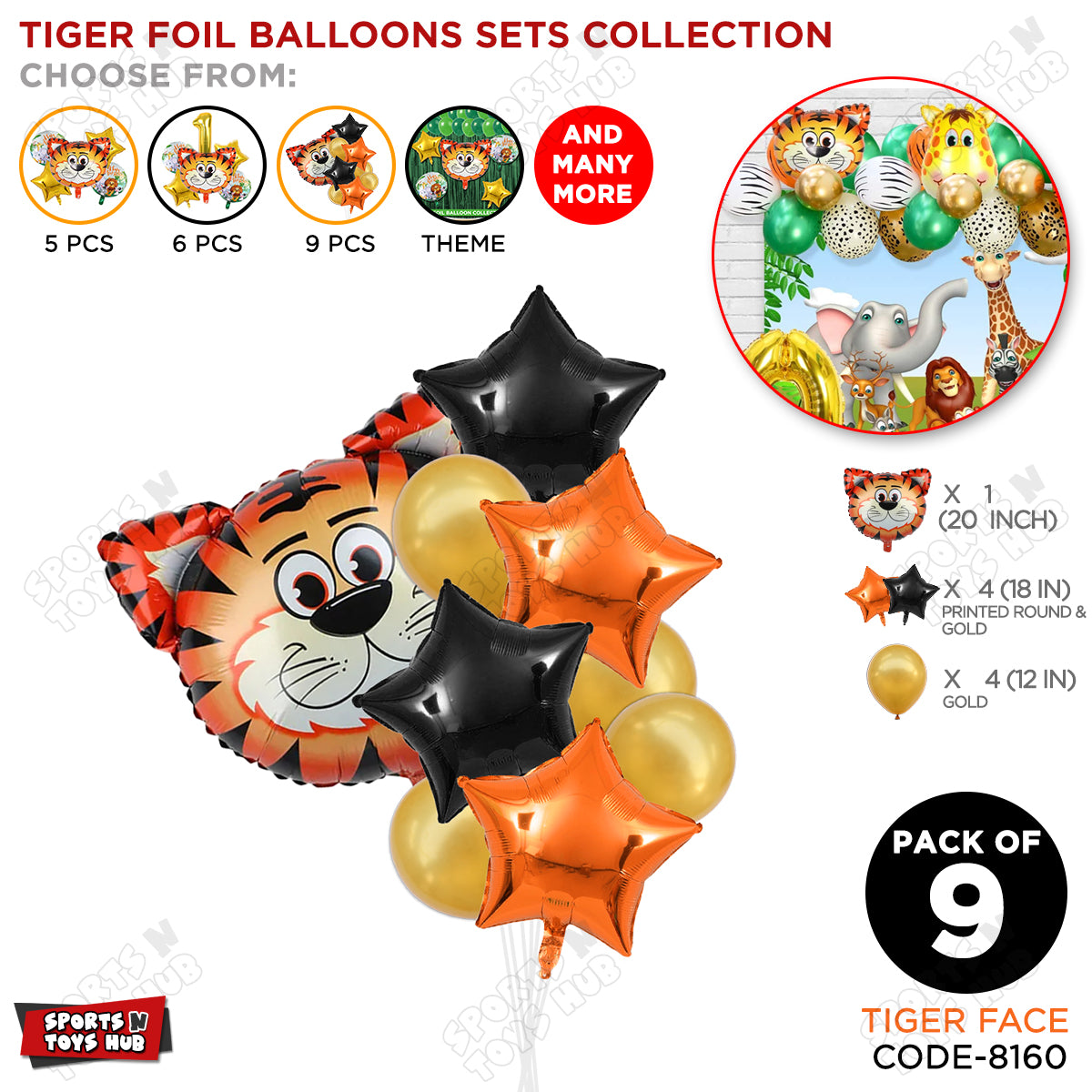 Tiger Jungle Safari Pack Of 9 Foil Balloon Set